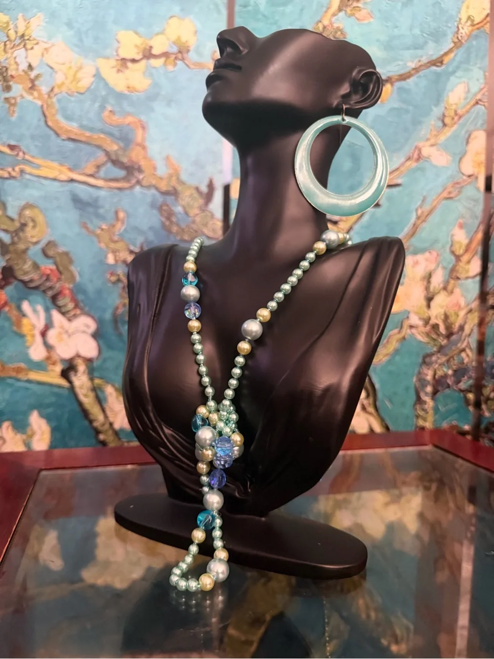 Layered Seafoam and Aqua Pearl Necklace Set with Matching Hoop Earring